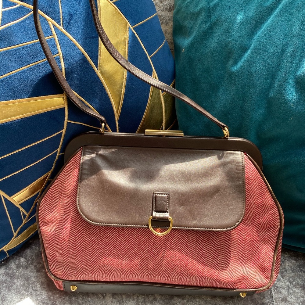 Frederic Fekkai leather and tweed chevron purse